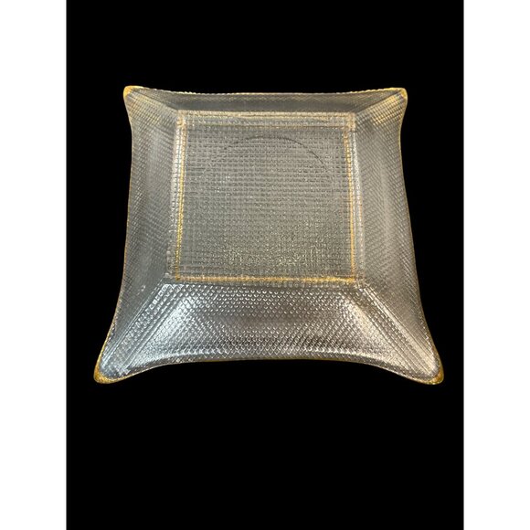 Waffle Pressed Clear Glass Dish Gold Trim Textured MCM Square Trinket Caddy VTG - Picture 6 of 12